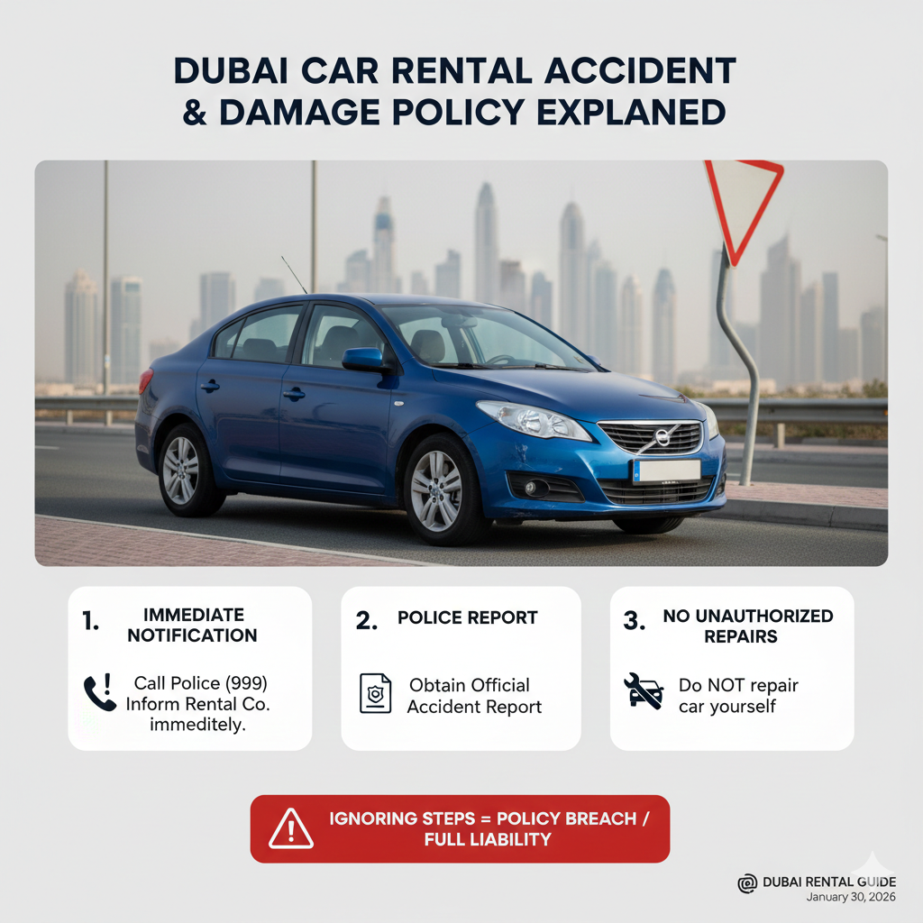Accident & Damage Rules – Car Rental Policy Dubai Explained User guide infographic showing accident and damage rules under car rental policy dubai explained, including immediate notification, official accident report, and prohibition of unauthorized repairs.