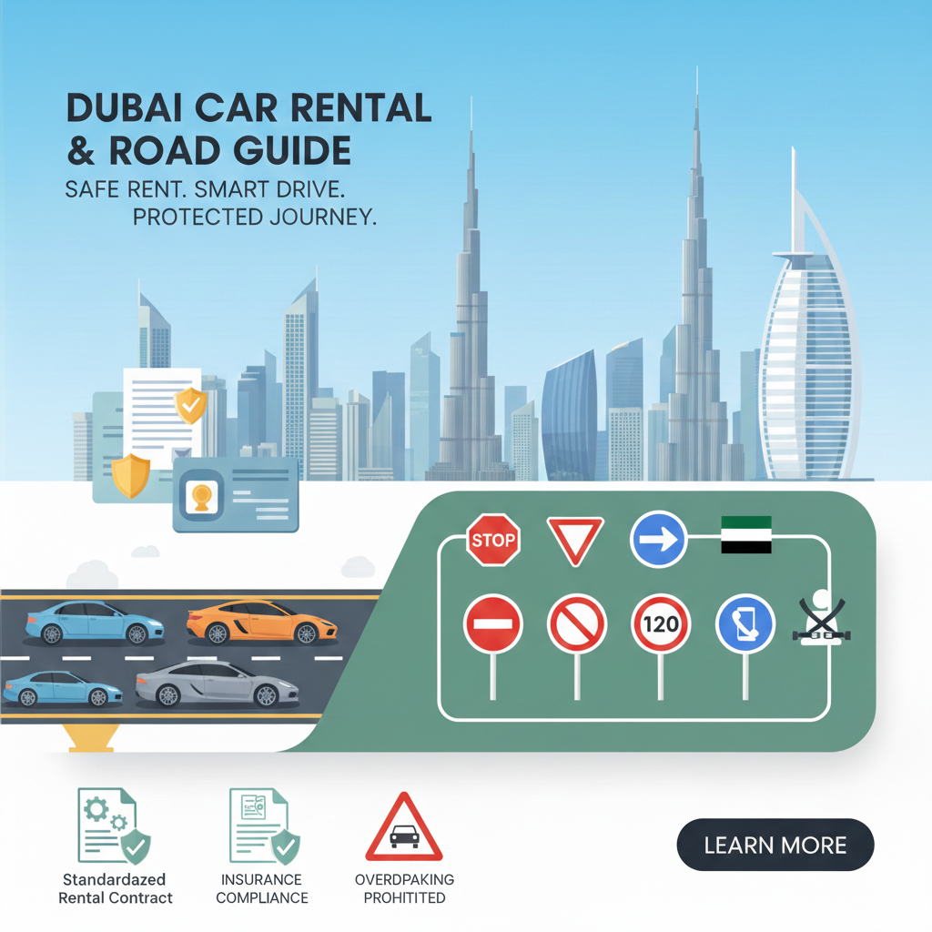Why Car Rental Regulations in Dubai Matter Illustration explaining why car rental regulations in Dubai matter for customer protection, insurance, and road safety