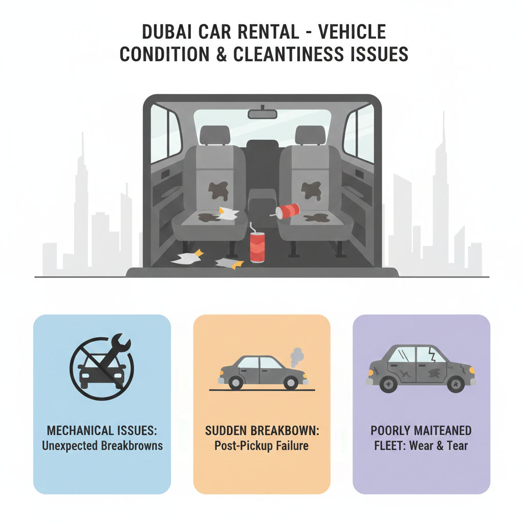 User guide illustration showing vehicle condition and cleanliness issues in car rental complaints by users in Dubai, including dirty cars, mechanical faults, breakdowns, and poor maintenance.