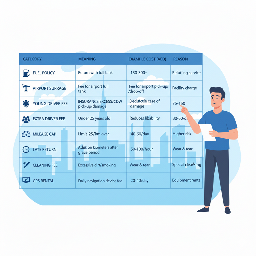 Infographic table showing hidden charges in Dubai car rental with categories, costs, and explanations in a clean user guide layout