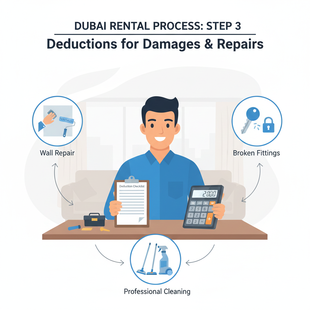 Infographic showing tenant damage deductions like wall repair, key replacement, and cleaning charges in Dubai rental