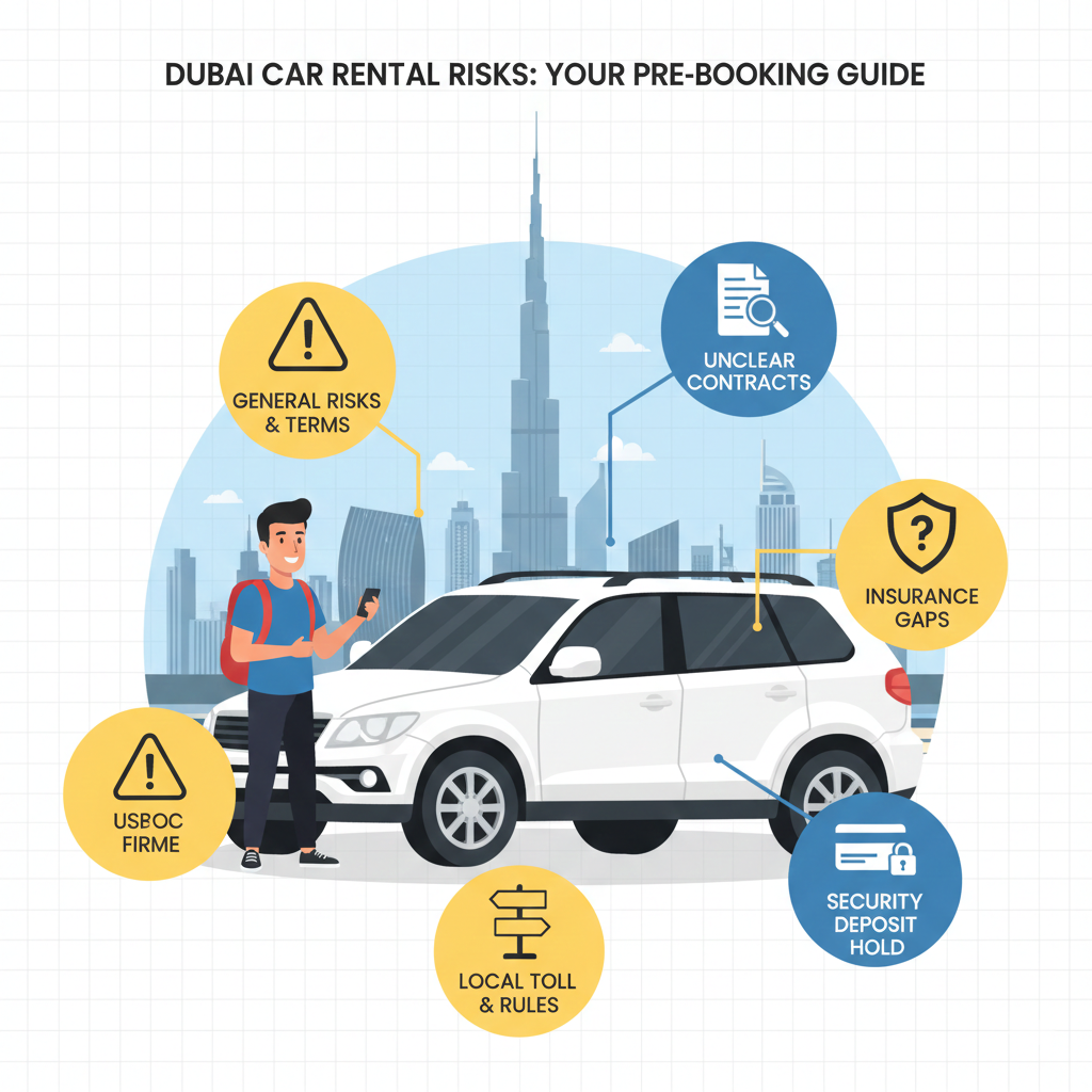 User guide infographic explaining what car rental risks in Dubai are, showing a tourist, rental car, Dubai skyline, and icons for insurance risk, deposit risk, unclear terms, and local rule awareness.