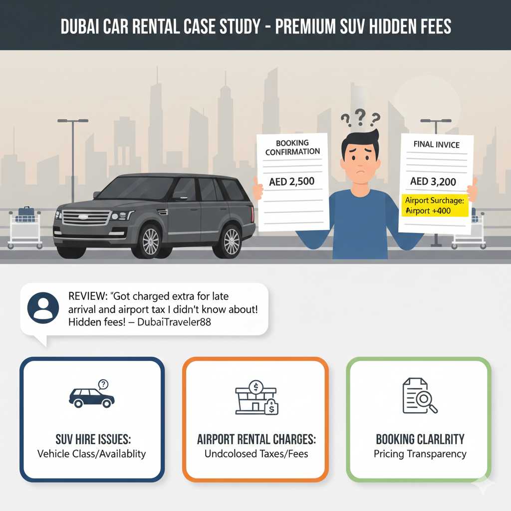 User guide case study illustration showing a premium SUV rental complaint by users in Dubai involving late pickup fees, airport charges, and booking clarity issues.