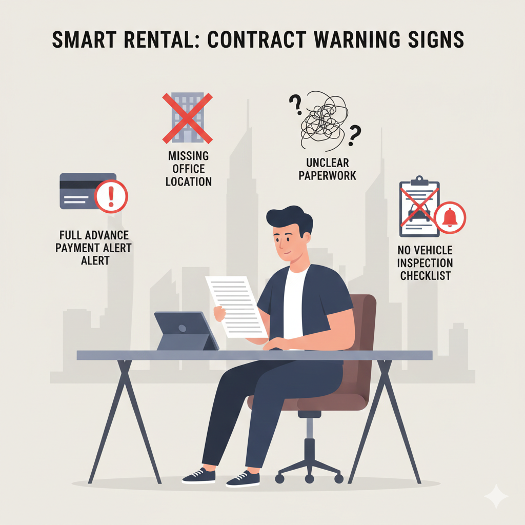 Safety infographic showing warning signs of car rental fraud in Dubai including unclear contracts, advance payment pressure, and missing inspection reports.