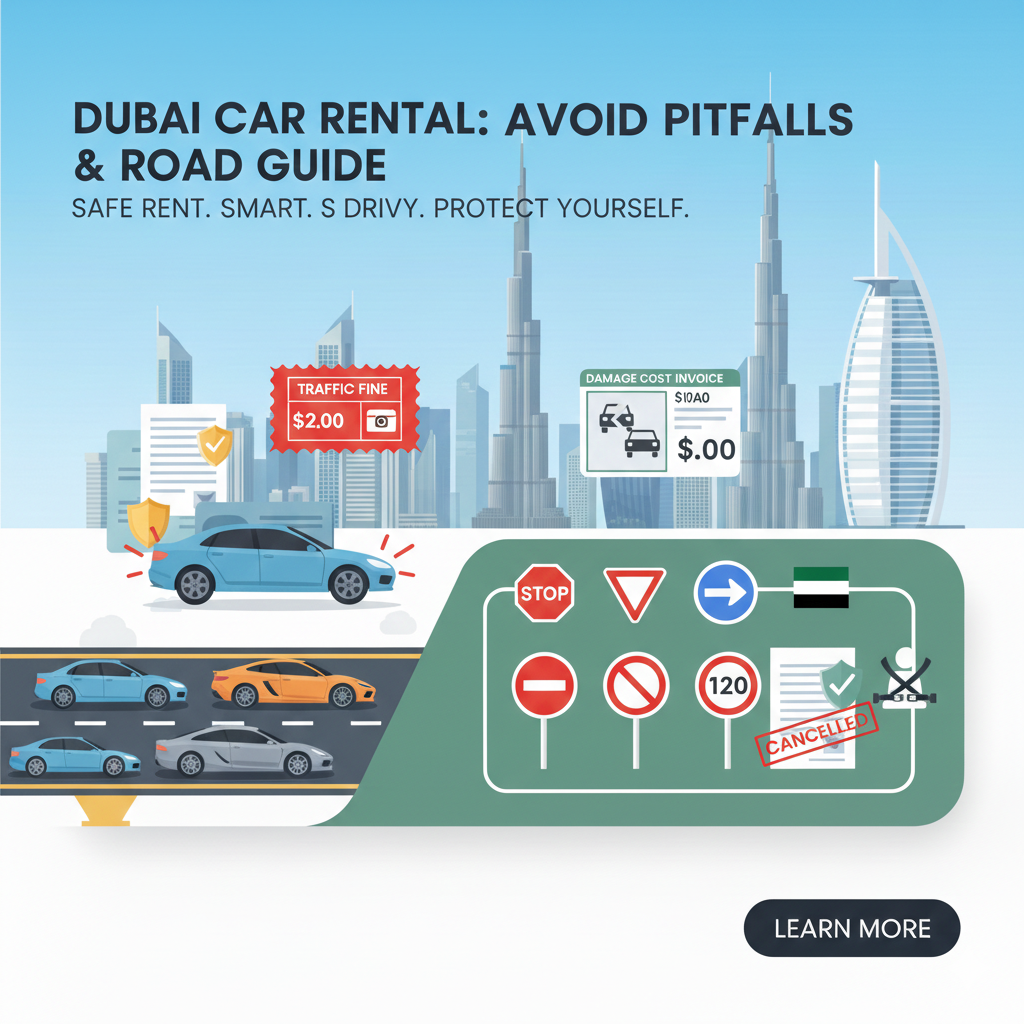 Penalties in Car Rental Regulations in Dubai Illustration showing traffic fines, damage fees, and contract termination in Dubai car rental regulations