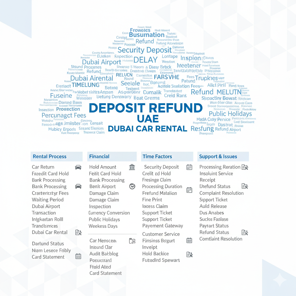 Infographic displaying 80 related keywords for understanding delay in car rental deposit refund Dubai with icons for banking, cars, and timelines