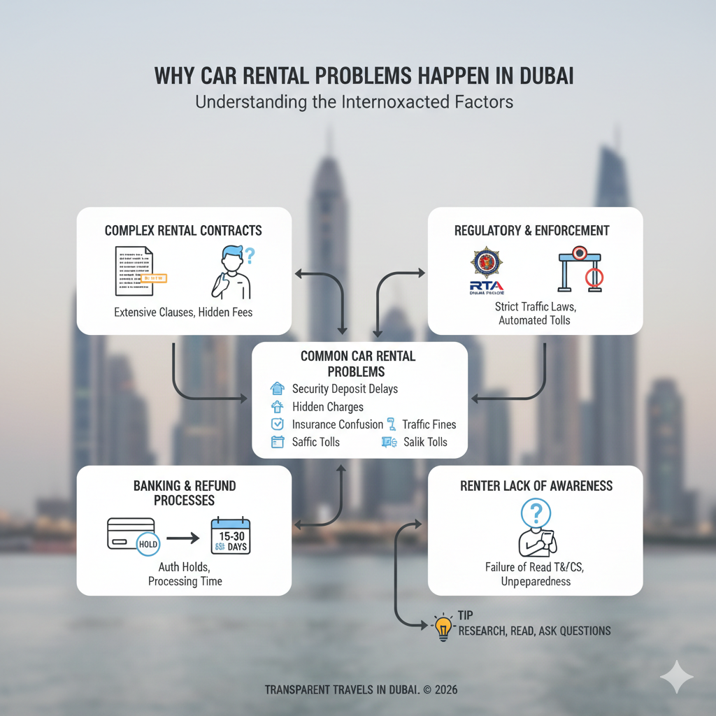 User guide infographic showing car rental risks in Dubai, including hidden fees, insurance gaps, deposit holds, Salik toll charges, fuel policy disputes, damage claims, late return penalties, and license issues.