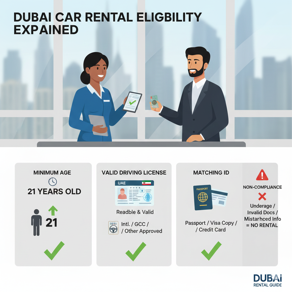 Eligibility Rules Under Car Rental Policy Dubai Explained User guide image explaining eligibility rules under car rental policy dubai explained, including minimum age, valid driving license, and matching identification details.