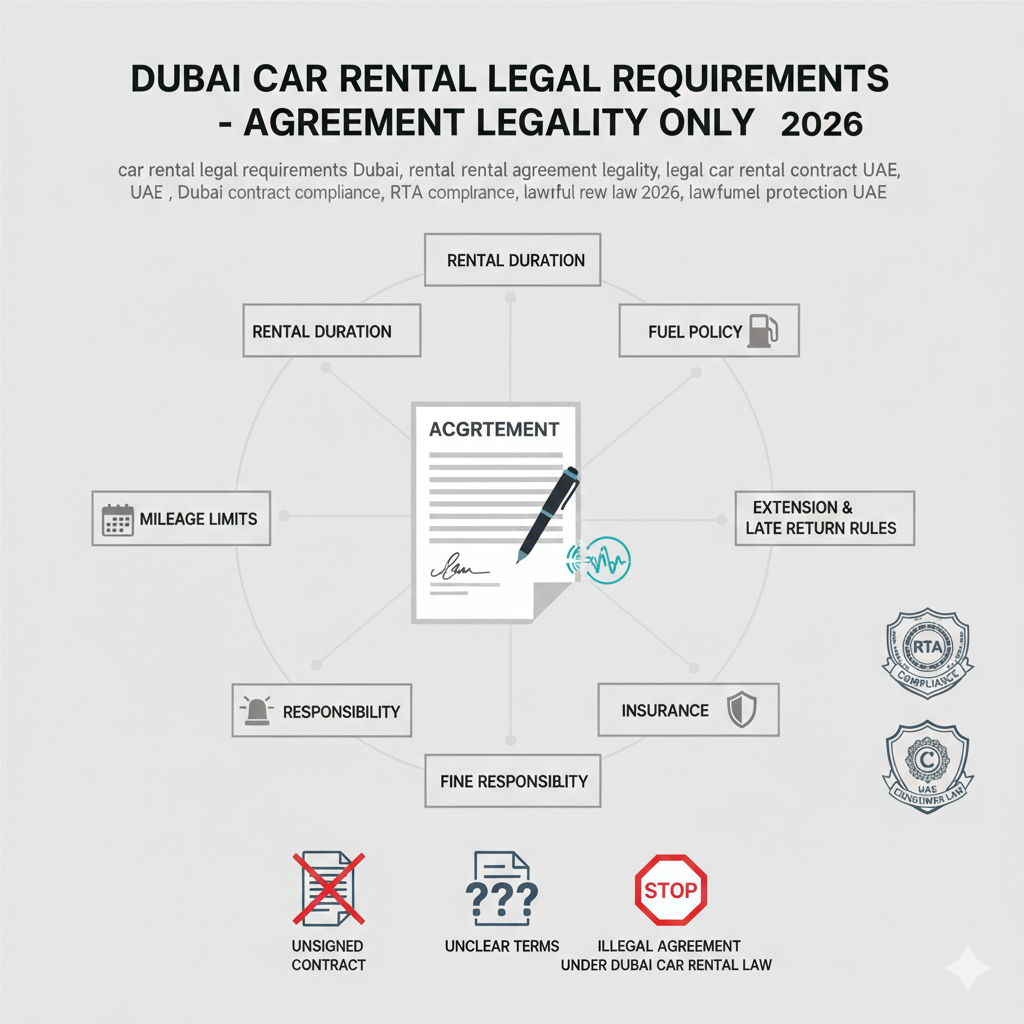 Infographic showing agreement legality in car rental legal requirements Dubai 2026, including signed contract requirement, rental duration, mileage limits, fuel policy, insurance terms, fine responsibility, extension rules, and illegal contract warnings.