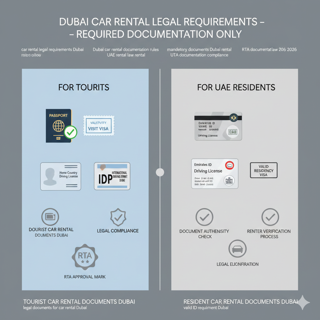 Infographic showing documentation required by car rental legal requirements Dubai 2026, including passport, visit visa, home driving license, international driving permit, Emirates ID, UAE driving license, and residency visa verification.