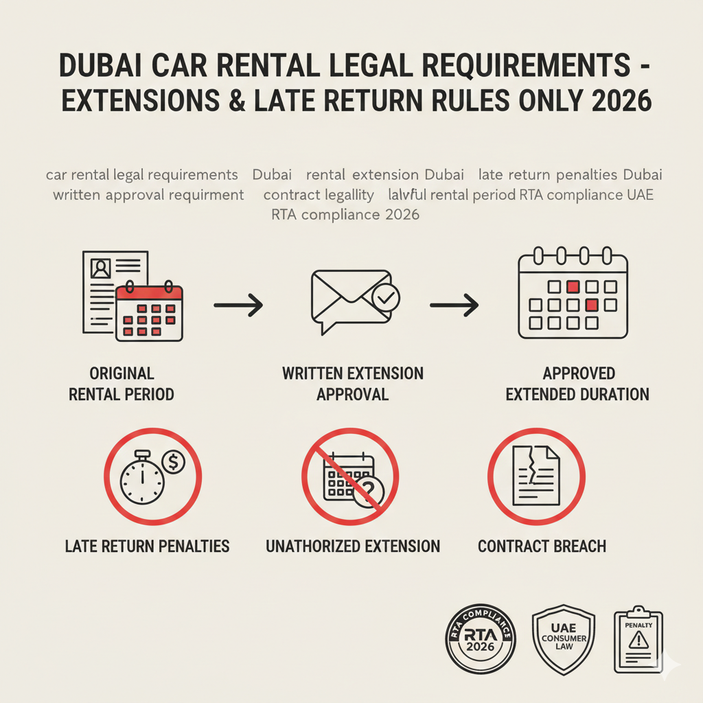 Infographic showing extensions and late return rules in car rental legal requirements Dubai 2026, including written approval for extensions, late return penalties, unauthorized extension warnings, and contract legality compliance.