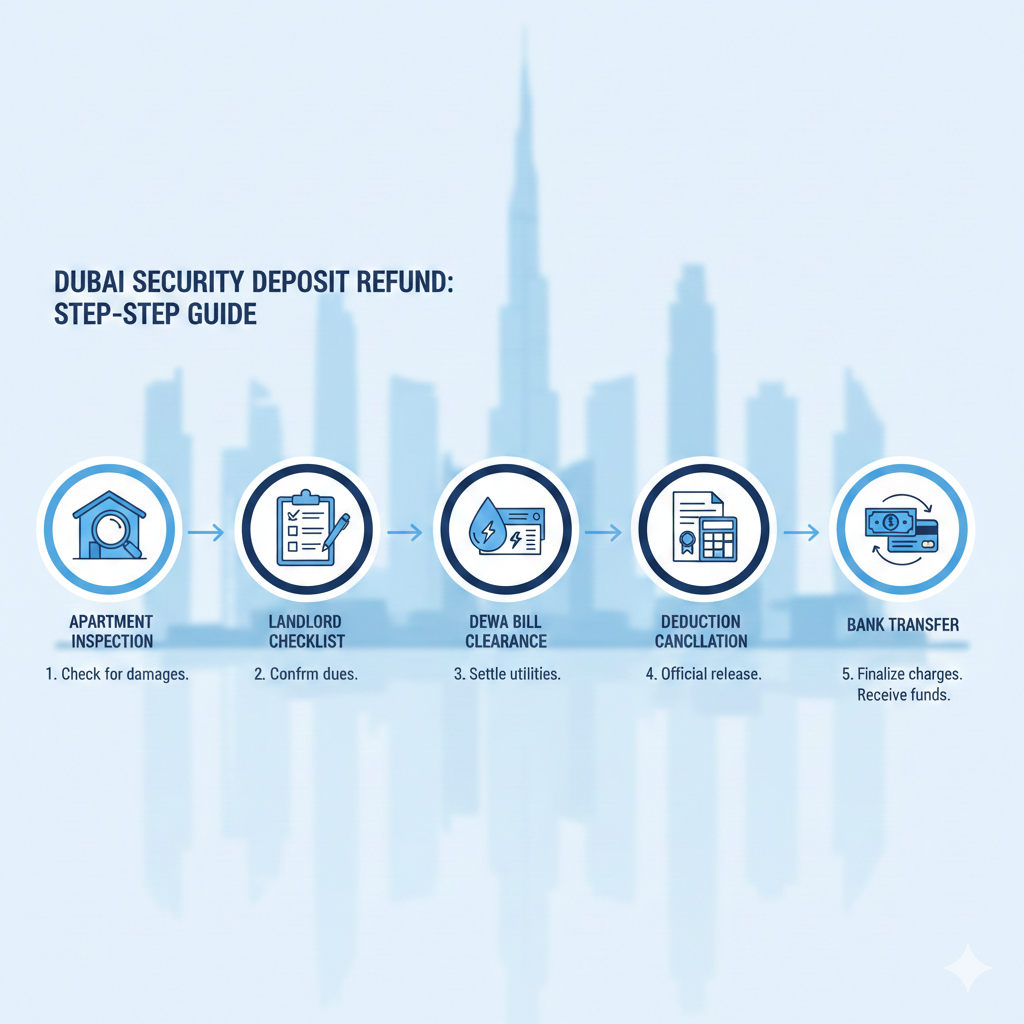 Infographic explaining security deposit refund process in Dubai with inspection, bills clearance, Ejari cancellation and bank transfer steps