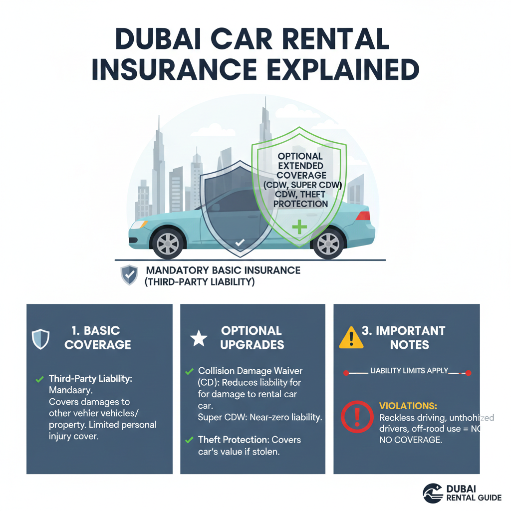 Insurance Coverage – Car Rental Policy Dubai Explained User guide infographic showing insurance rules in car rental policy dubai explained, including mandatory basic insurance, optional extended coverage, and defined liability limits.
