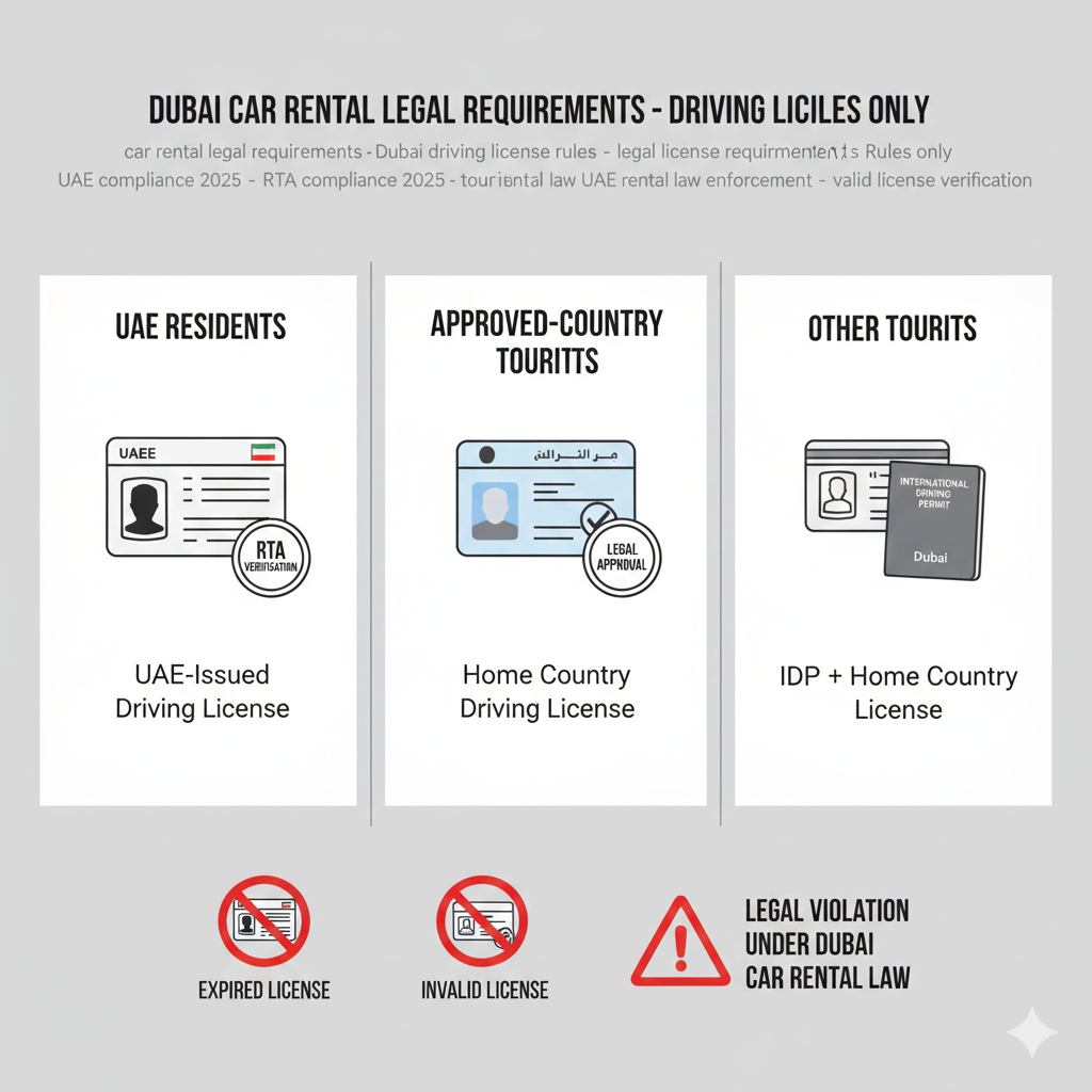 Infographic illustrating driving license rules in car rental legal requirements Dubai 2026, showing UAE license for residents, home license for approved tourists, IDP for others, and invalid license warnings.