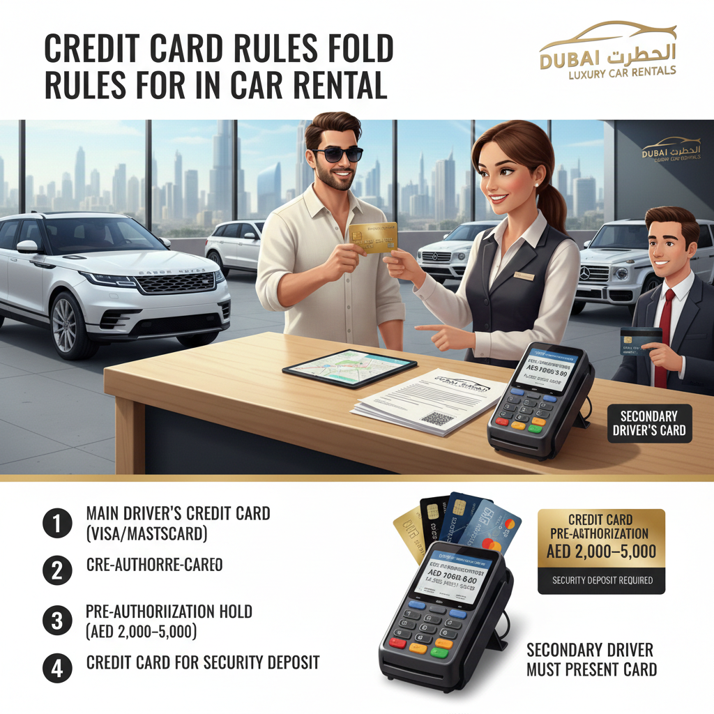 "Credit card payment process at a Dubai car rental counter with multiple card types, pre-authorization display, and luxury SUVs, showing key rental rules and deposit procedures."