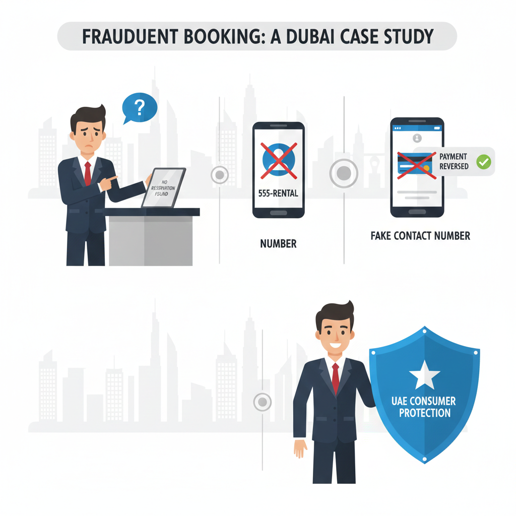 Infographic depicting a business traveler facing a fake car reservation in Dubai and learning to verify bookings to avoid fraud.
