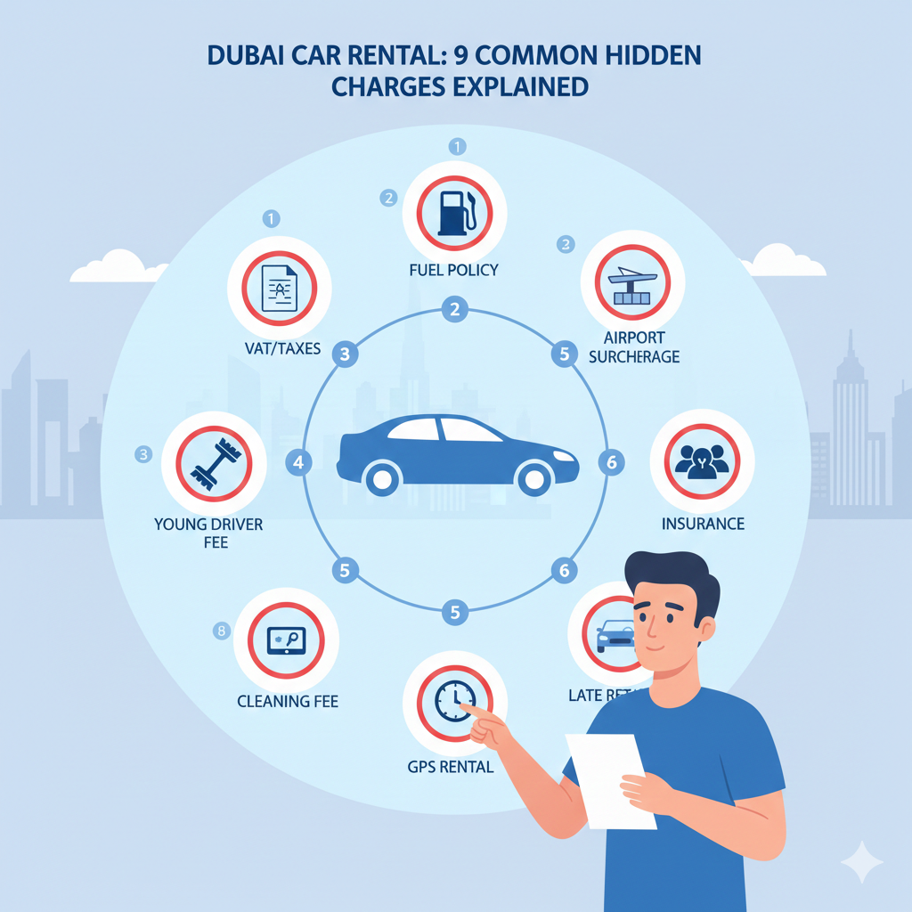 Infographic showing nine common hidden charges in Dubai car rental with icons for fuel, airport, insurance, mileage, and add-ons arranged around a rental car