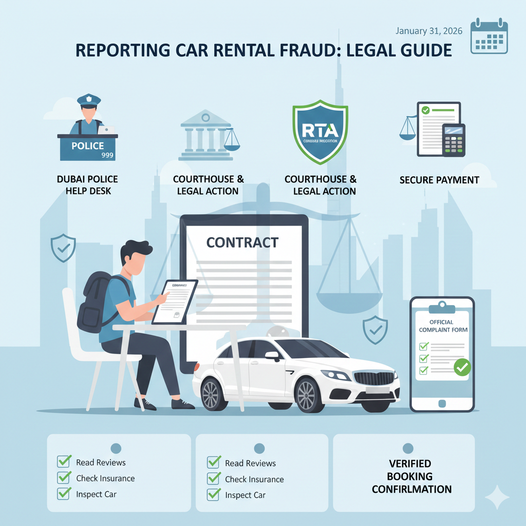 Dubai Car Rental Fraud Legal Protection – Consumer Rights Guide Infographic showing Dubai police, courts, and RTA icons representing legal help for car rental fraud victims.