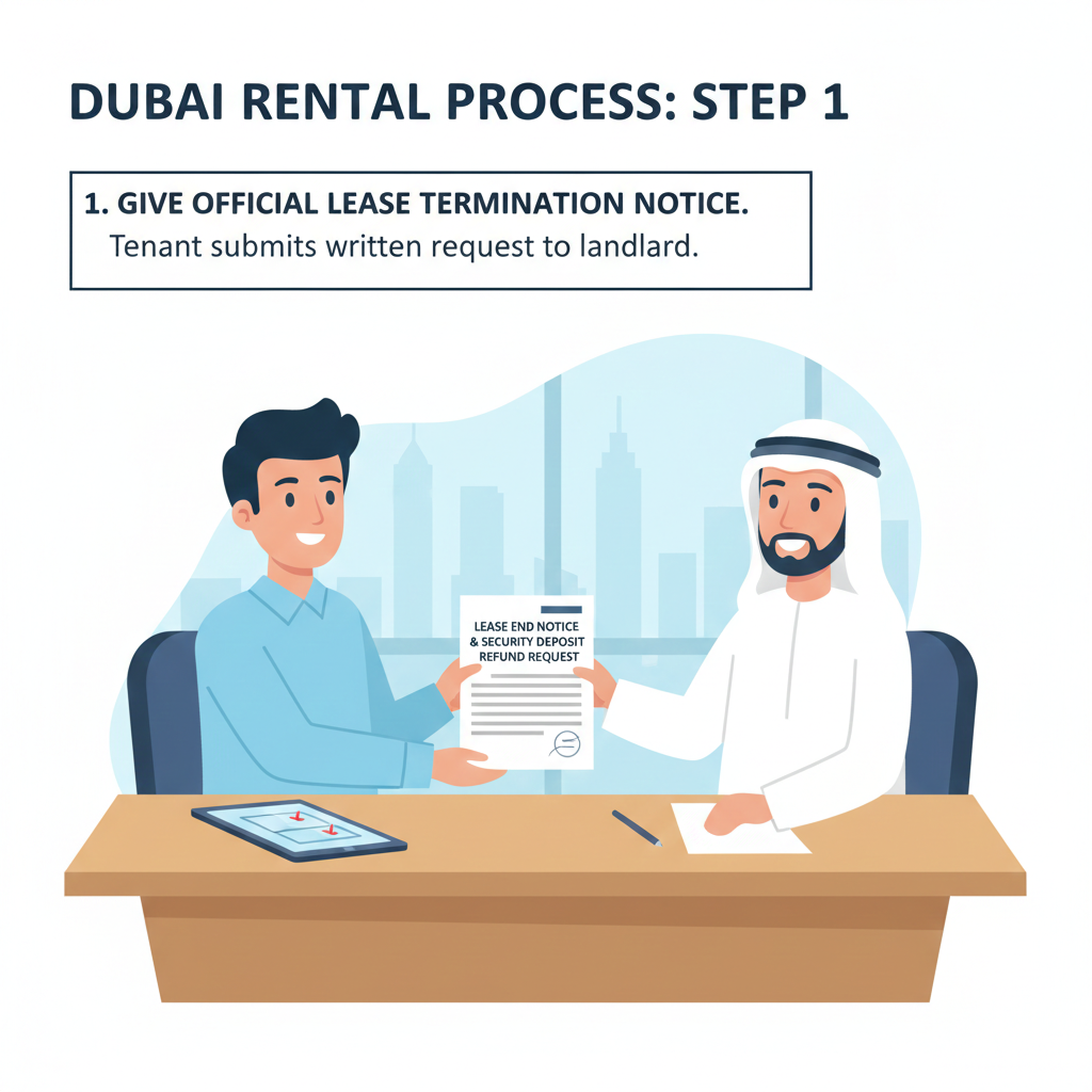 Illustration of tenant giving lease termination notice and requesting security deposit refund in Dubai