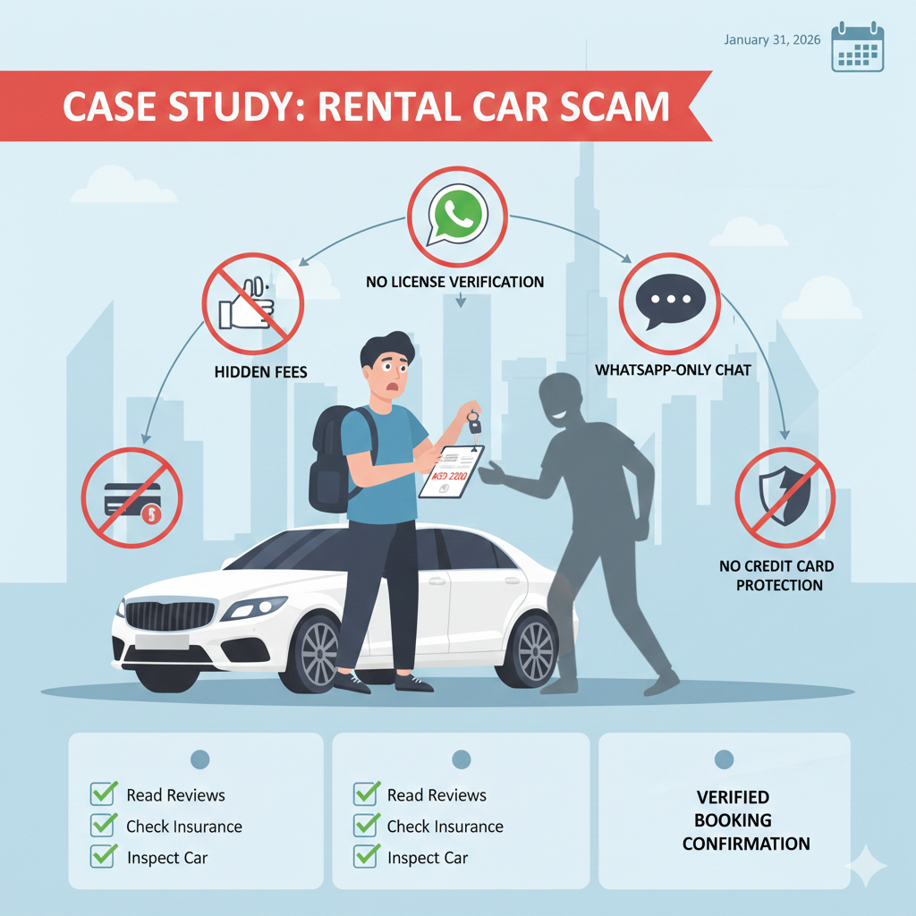 Luxury Car Rental Scam Case Study – Dubai Awareness Illustration Infographic depicting a Dubai tourist being charged fake damage fees after a luxury car rental scam with warning icons and disappearing scammer.