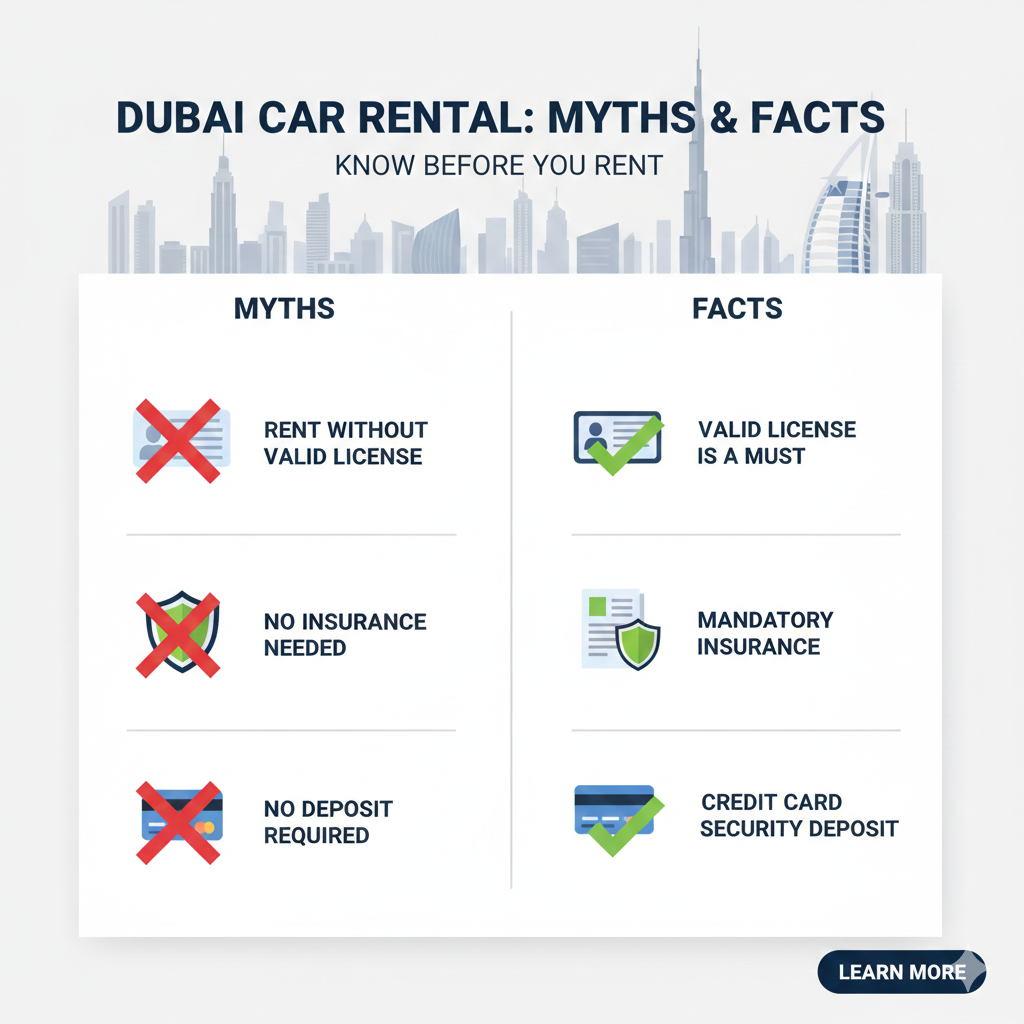 Common Misunderstandings About Car Rental Regulations in Dubai Illustration explaining common misunderstandings about Dubai car rental rules including license, insurance, and deposits