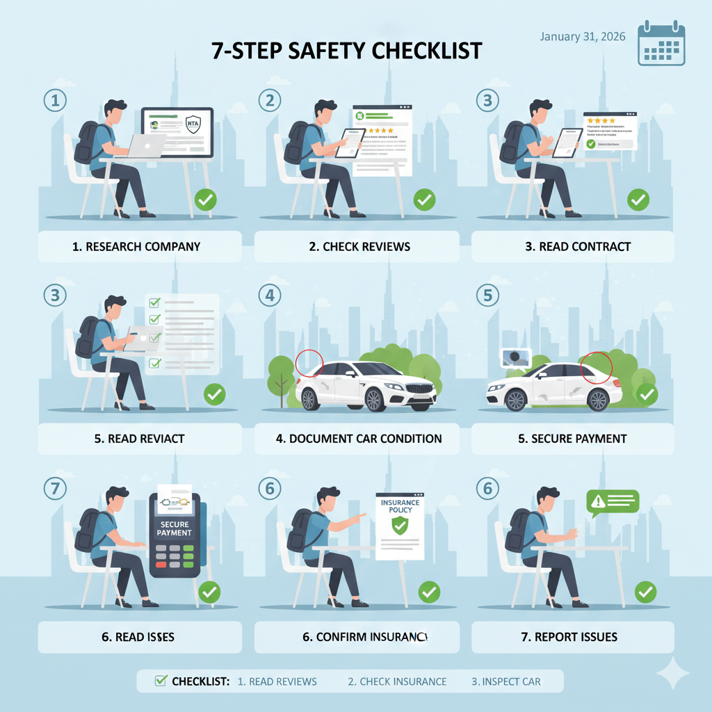 Dubai Car Rental Scam Protection – Step-by-Step User Guide Infographic depicting a traveler following a step-by-step Dubai car rental safety checklist including reviews, contract reading, photos, and secure payment.