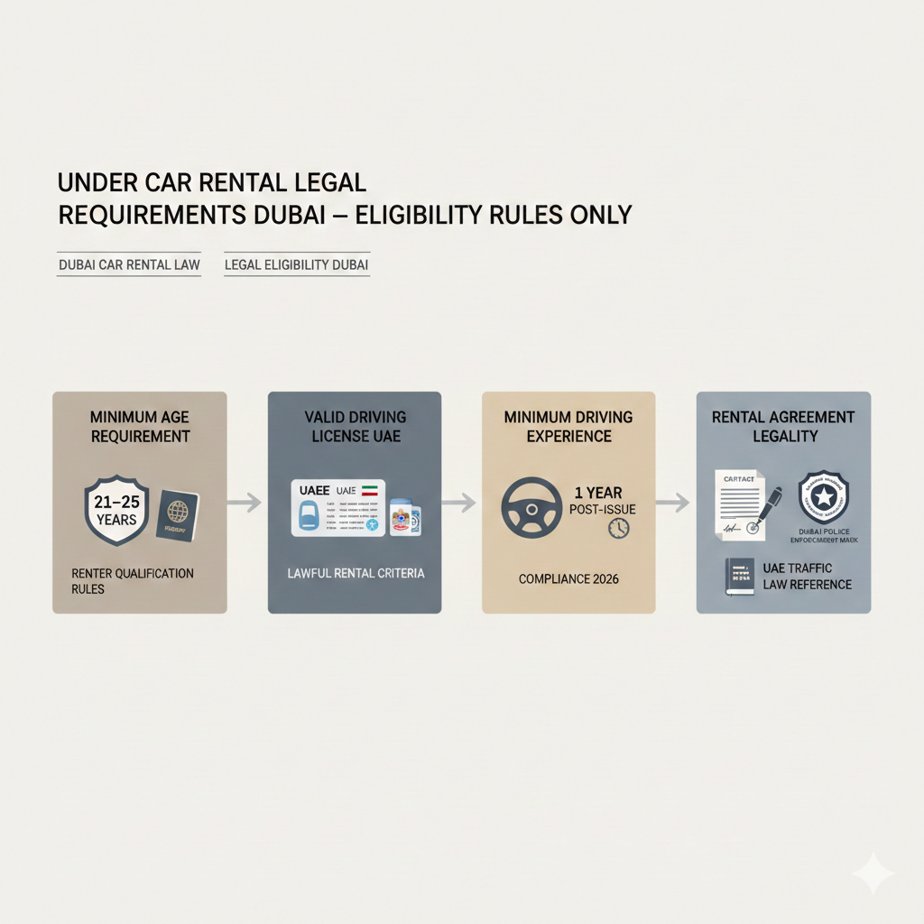 Infographic showing eligibility under car rental legal requirements Dubai 2026, including minimum age, valid driving license, driving experience, and rental agreement legality with RTA compliance.