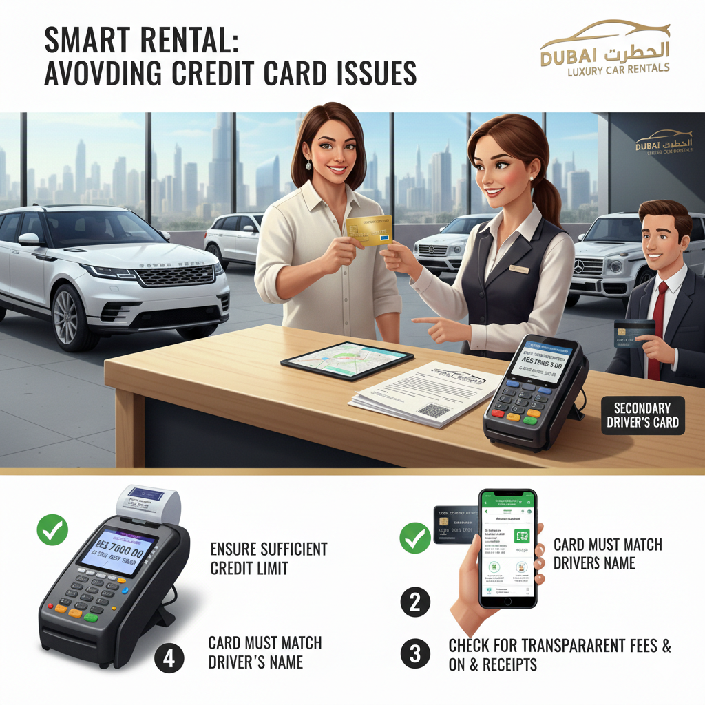 "Dubai car rental counter showing a tourist using a valid credit card, checking pre-authorization and receipts, highlighting common payment issues and solutions."