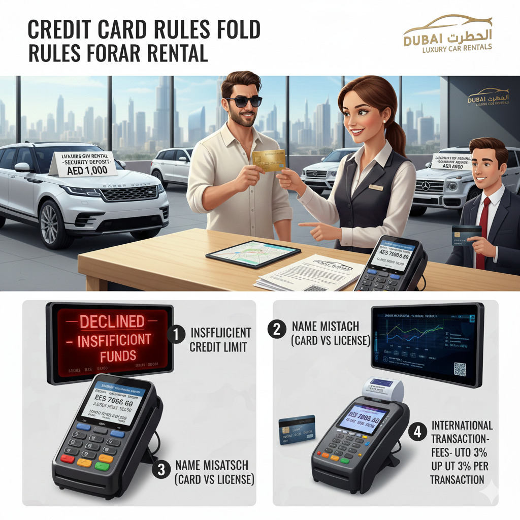 "Dubai car rental counter showing a tourist facing credit card issues: under-limit card, cardholder name mismatch, high luxury car deposit, and international transaction fees."