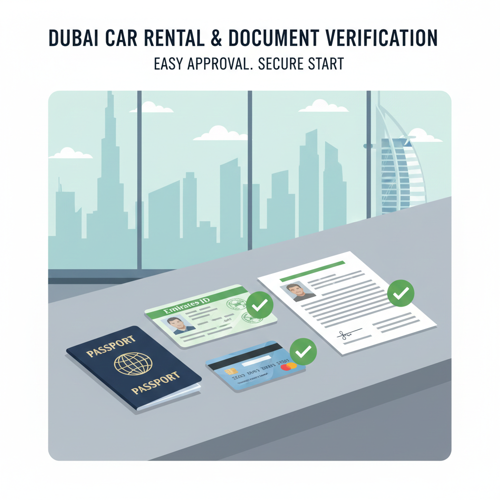Documentation Required for Car Rental in Dubai Illustration showing passport, Emirates ID, driving license, and credit card required for car rental in Dubai