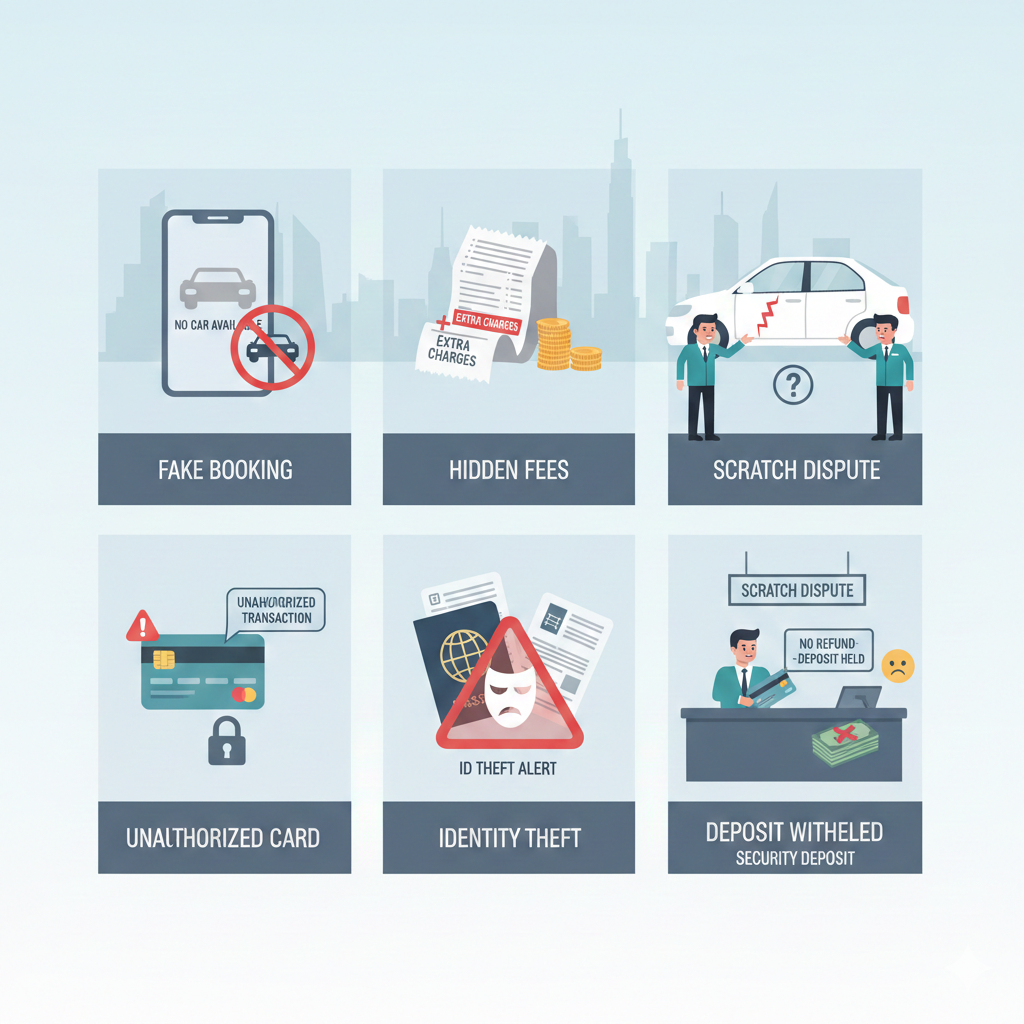 Infographic showing six common car rental fraud types in Dubai including fake booking, hidden fees, damage disputes, unauthorized charges, identity theft, and withheld deposits.