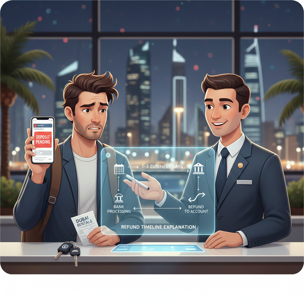 User guide illustration showing delay in car rental deposit refund Dubai with customer checking bank refund timeline at rental counter