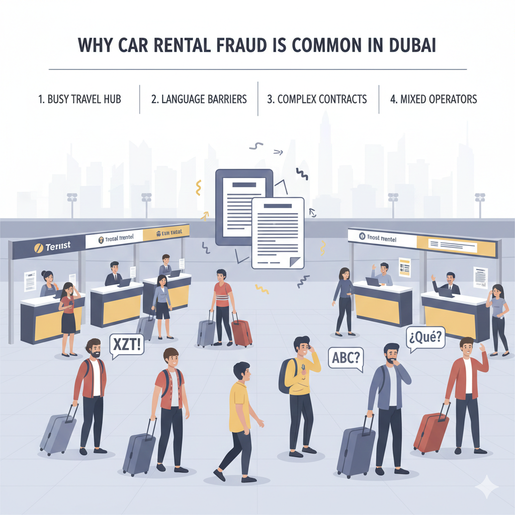 Infographic showing international travelers, rental counters, insurance paperwork, and language barriers explaining why car rental fraud is prevalent in Dubai.