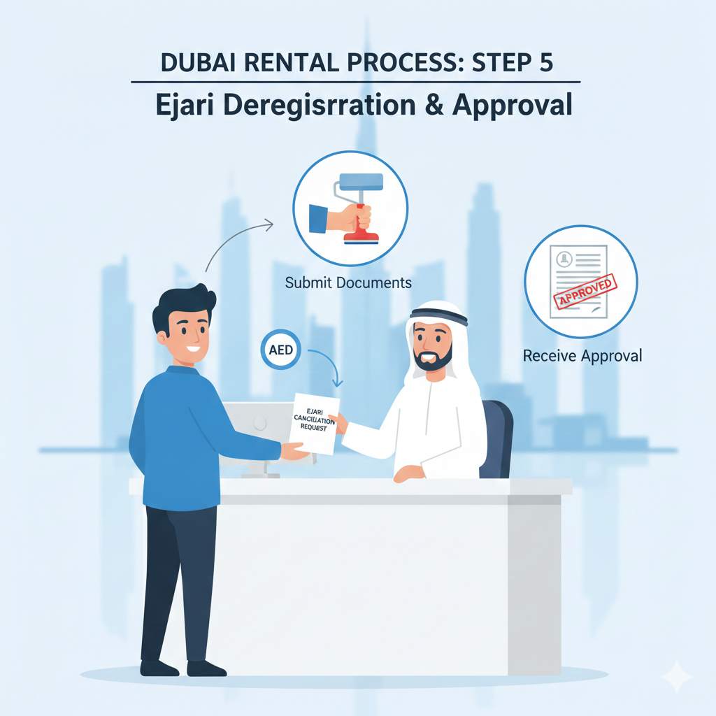 Illustration of tenant submitting Ejari cancellation request for security deposit refund in Dubai