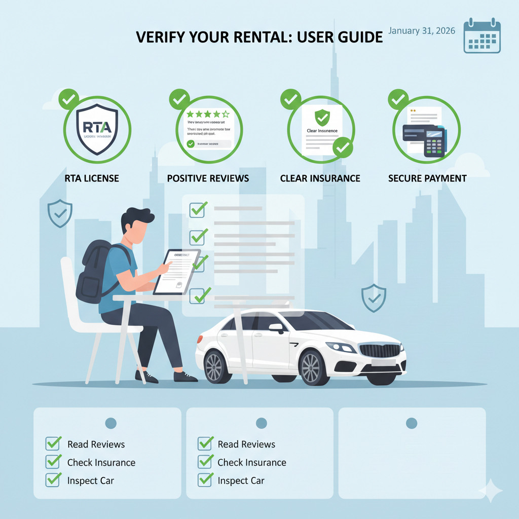 How to Validate a Car Rental Company in Dubai – Safety Checklist Illustration Infographic showing a traveler checking RTA license, reviews, insurance papers, and secure payment before booking a Dubai rental car.