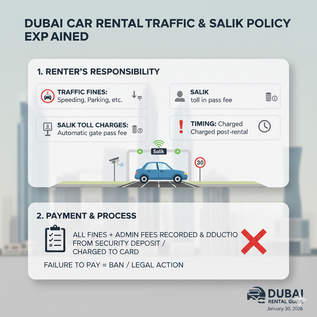 Traffic Fines & Salik – Car Rental Policy Dubai Explained User guide infographic showing traffic fines and Salik rules under car rental policy dubai explained, including speed violations, toll charges, and fine recovery responsibility.