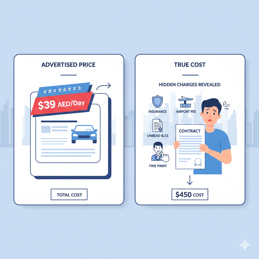 Infographic showing reasons behind hidden charges in Dubai car rental with fine print, agent, and hidden fee icons behind a rental contract