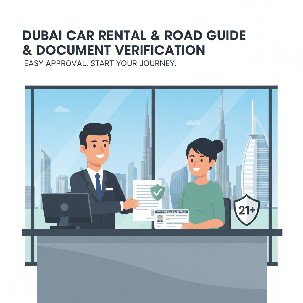 Driver Eligibility Rules for Car Rentals in Dubai Illustration showing driver eligibility rules for car rental in Dubai including age, license, and IDP