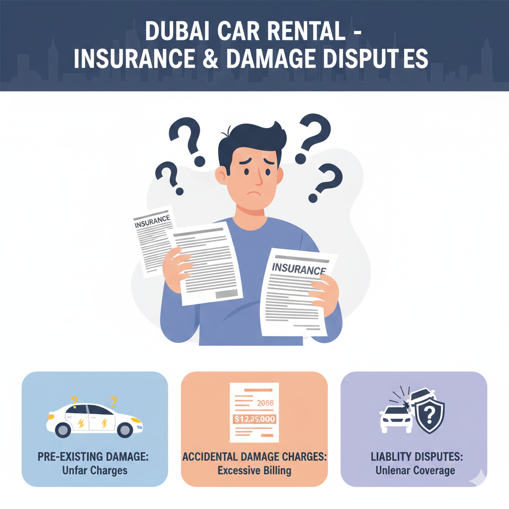 User guide illustration showing insurance and damage charge disputes in car rental complaints by users in Dubai, including coverage confusion, damage charges, and scratch disputes.