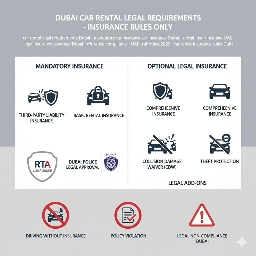 Infographic showing insurance rules in car rental legal requirements Dubai 2026, including mandatory third-party insurance, basic rental insurance, optional comprehensive coverage, collision damage waiver, theft protection, and non-compliance warnings.