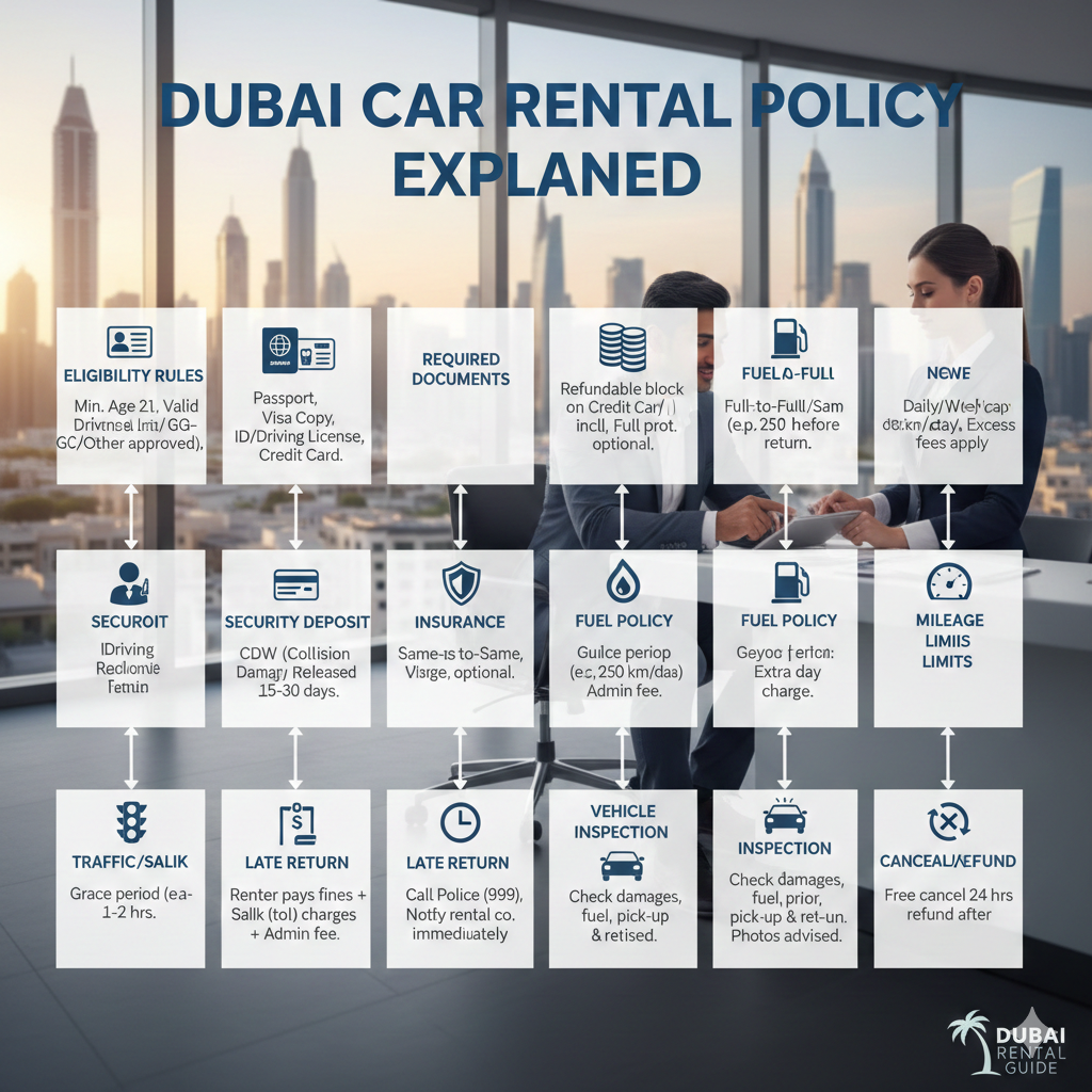 User guide infographic showing car rental policy dubai explained, including eligibility, documents, deposit, insurance, fuel rules, mileage, fines, and return conditions in Dubai.