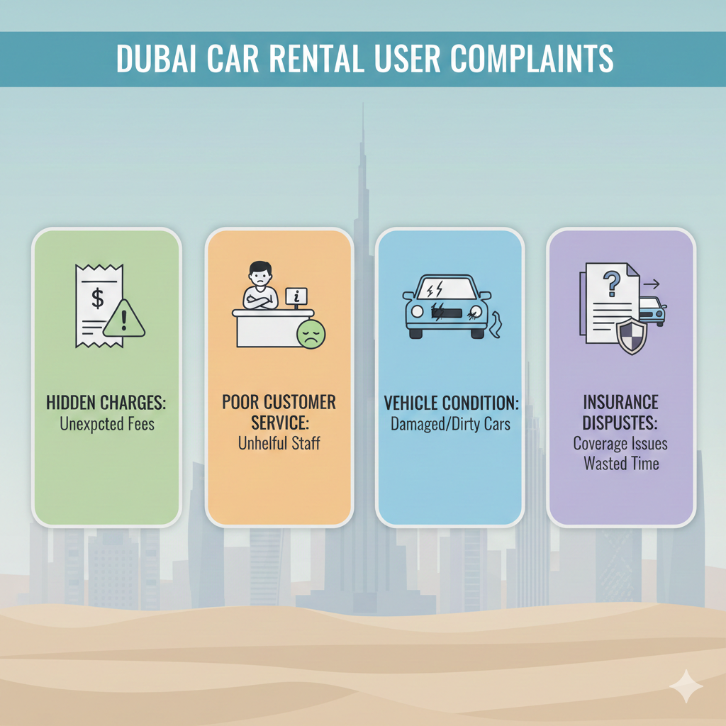 Illustration showing common car rental complaints by users in Dubai including hidden fees, poor customer service, vehicle condition issues, insurance disputes, and delayed pickup.