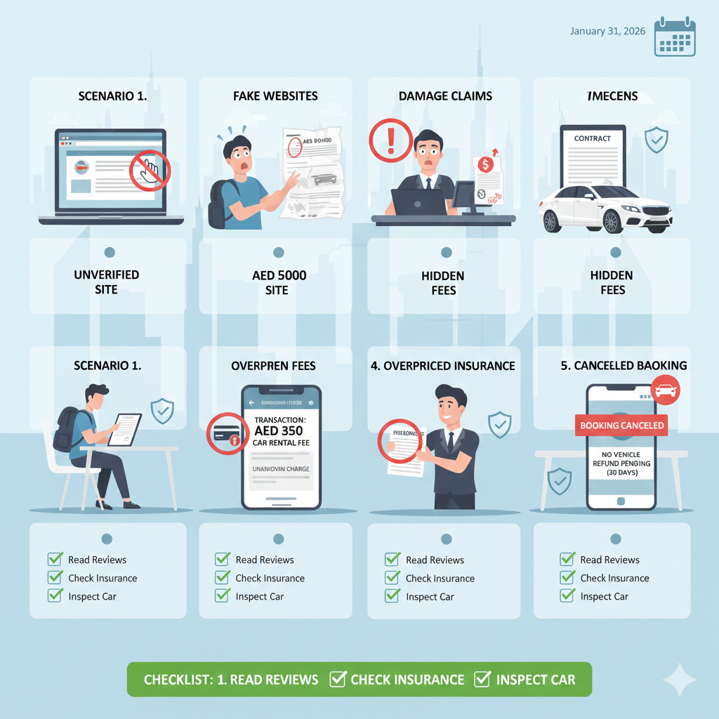 Dubai Car Rental Scam Types – Visual User Awareness Guide Infographic showing five types of Dubai car rental scams including fake websites, deposit fraud, hidden charges, fake insurance, and unavailable vehicles.