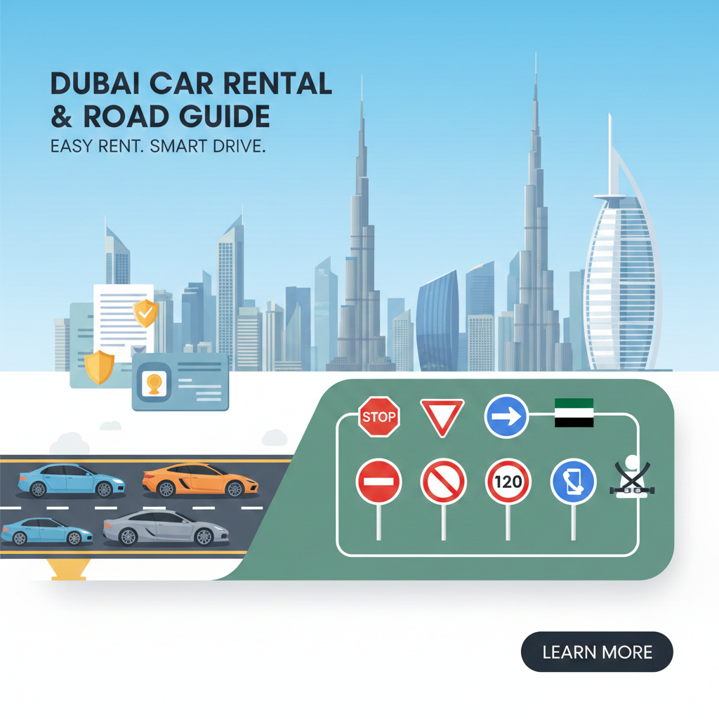Infographic explaining car rental regulations in Dubai with documents, insurance, and traffic rules