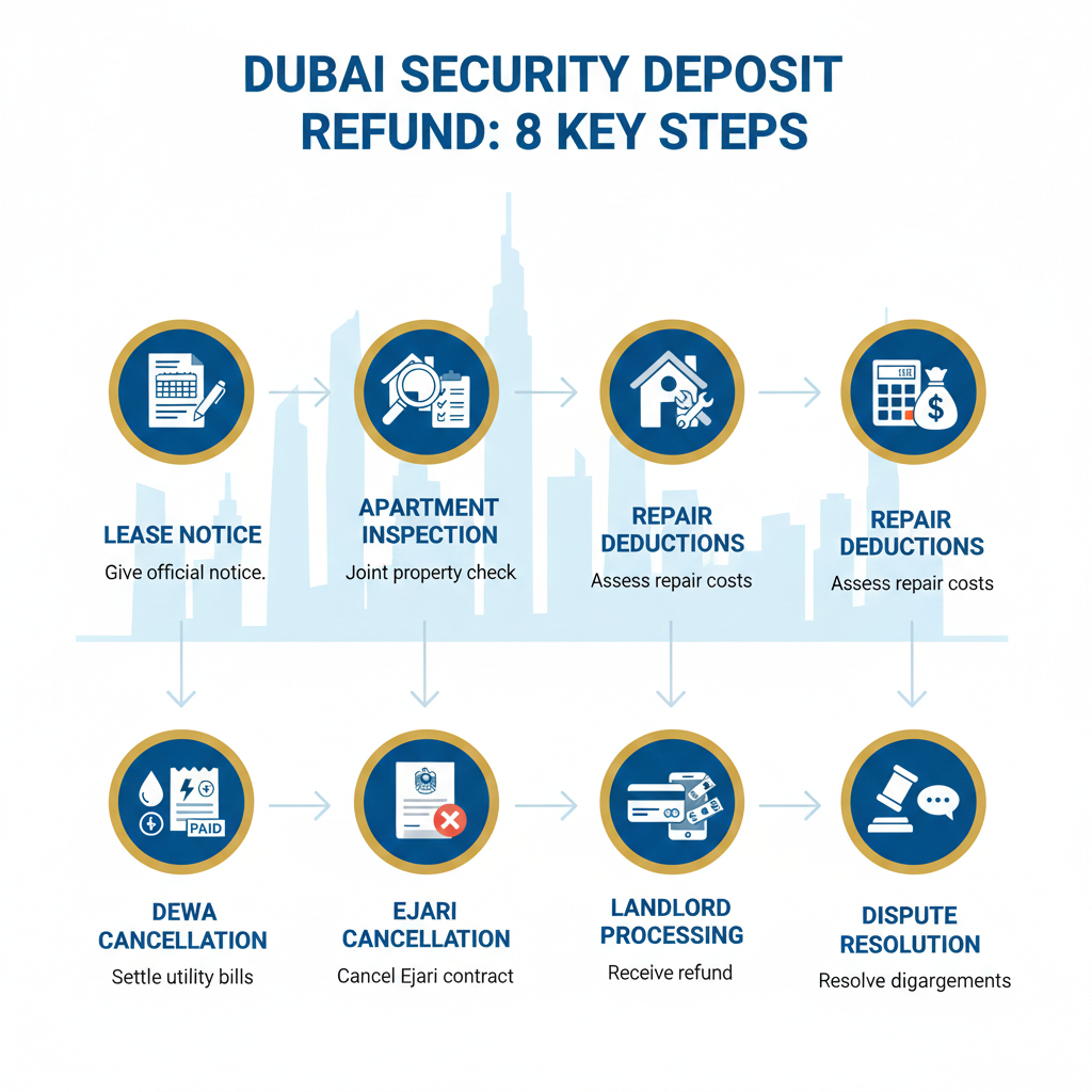 Infographic showing 8 steps of security deposit refund process in Dubai including inspection, Ejari cancellation, bill clearance and bank transfer