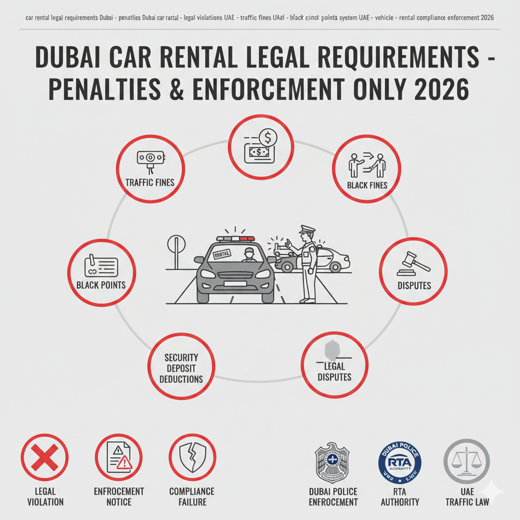 Infographic showing penalties for violating car rental legal requirements Dubai 2026, including traffic fines, black points, vehicle impoundment, deposit deductions, legal disputes, and Dubai Police enforcement.