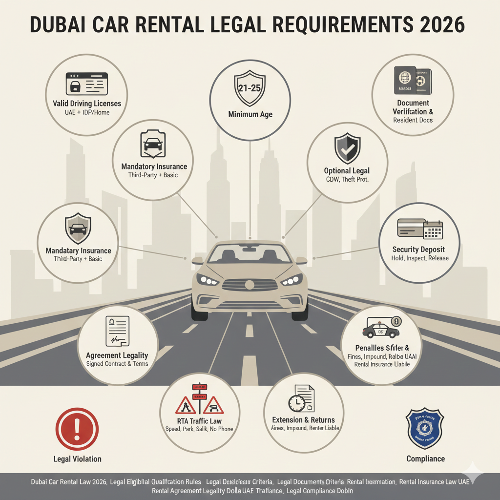 Infographic showing car rental legal requirements Dubai 2026, including license rules, documents, insurance, security deposit, rental agreement, RTA traffic compliance, penalties, and Dubai Police enforcement. Agar chaho to main isi style mein har sub-heading ka separate image prompt bhi bana doon ✔