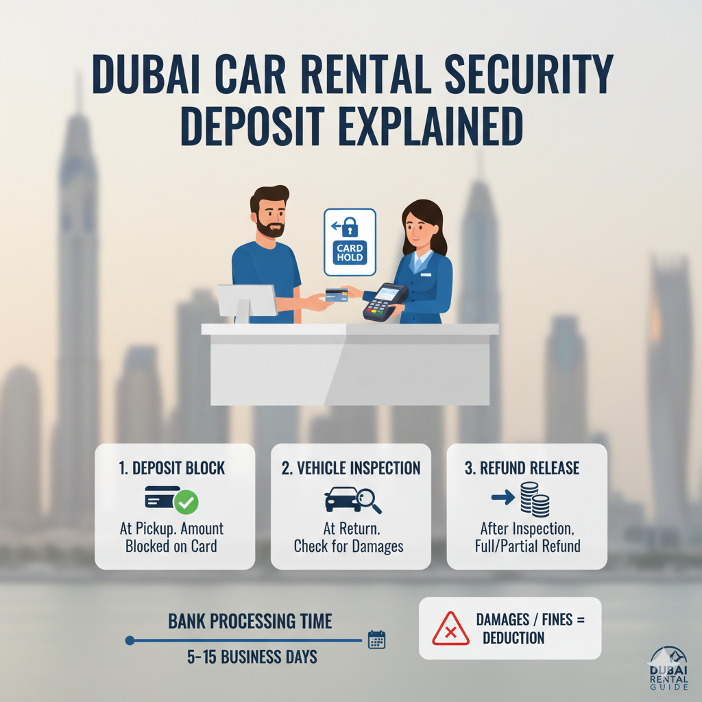Security Deposit Rules – Car Rental Policy Dubai Explained User guide infographic showing security deposit rules under car rental policy dubai explained, including blocked deposit, vehicle inspection, and bank-dependent refund timeline.