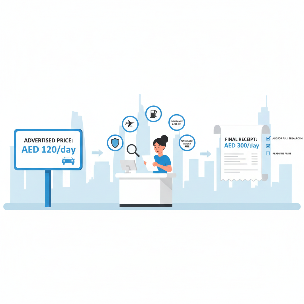 Infographic case study of a traveler surprised by hidden charges in Dubai car rental with receipt comparison and labeled extra fees