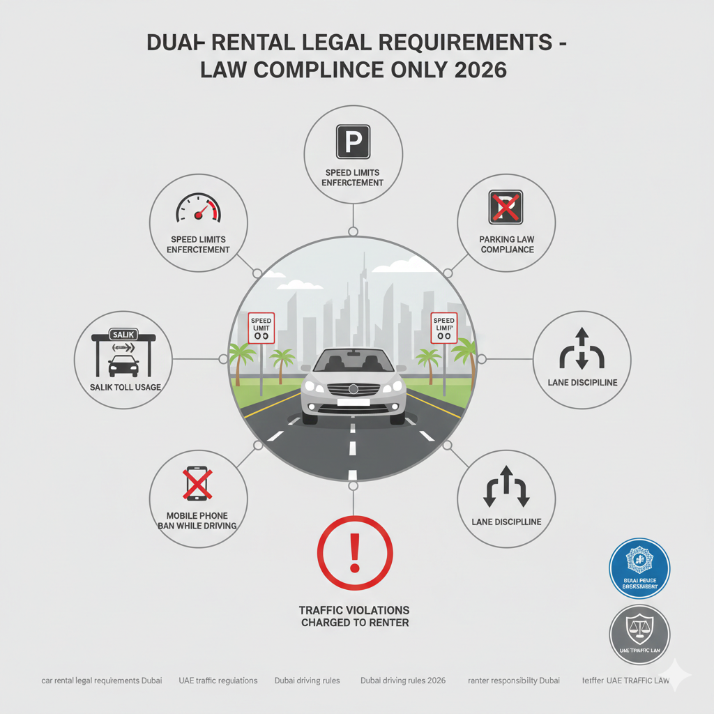 Infographic showing law compliance in car rental legal requirements Dubai 2026, including speed limits, parking rules, Salik toll usage, lane discipline, mobile phone ban, and renter responsibility for traffic violations.